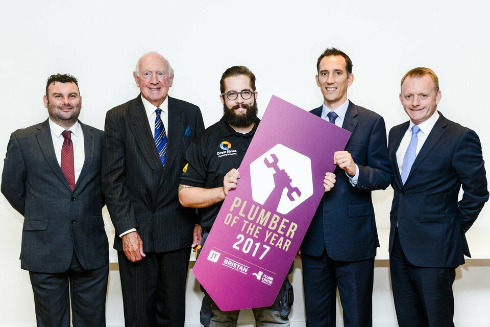 From left to right - Jamie Harris (Bristan), Christopher Sneath OBE (Watersafe), Drew Styles (2017 UK Plumber of the Year), Richard Redfern (Wolseley Plumb Centre), John Schofield (JT)