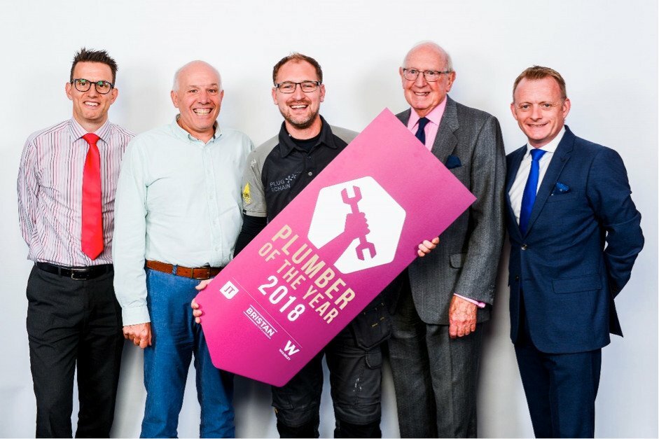 Image: (left to right) Phil Viner (Wolseley UK), Simon Mepsted (Bristan), Steve Bartin (2018 UK Plumber of the Year), Chris Sneath MBE (WaterSafe), John Schofield (JT)